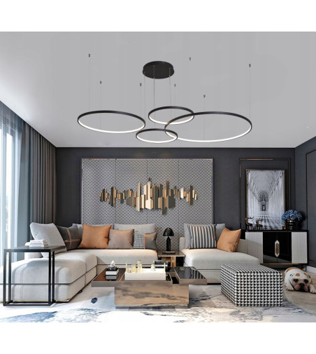 Czarna lampa wisząca Silva EX z pilotem - 4 okręgi LED ring  40/40/60/80cm