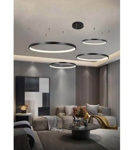 Czarna lampa wisząca Silva EX z pilotem - 4 okręgi LED ring  40/40/60/80cm