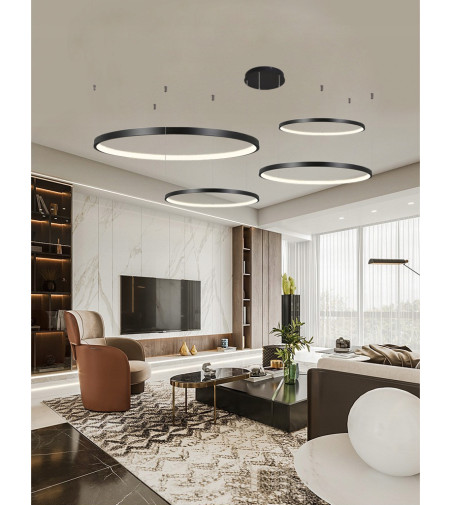 Czarna lampa wisząca Silva EX z pilotem - 4 okręgi LED ring  40/40/60/80cm