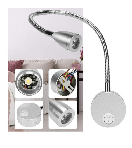 Flex stożek Lampka nocna do czytania Wobako Flexi srebrna do sypialni Kinkiet LED 3W