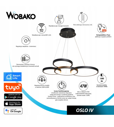 Oslo IV - Nowoczesna czarna lampa wisząca ring Smart Home Tuya