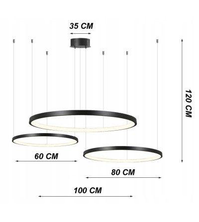 Żyrandol nowoczesna czarna lampa LED okręgi 3 ringi 60/80/100cm pilot