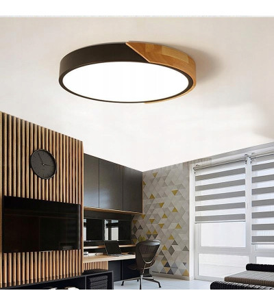 Olin 30cm – czarna lampa sufitowa LED z drewnem | Plafon ring | WOBAKO