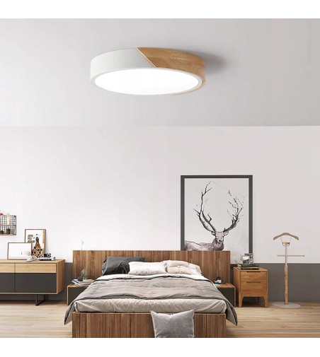 Olin 30cm – biała lampa sufitowa LED z drewnem | Plafon ring | WOBAKO