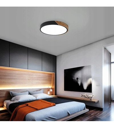 Olin 30cm – czarna lampa sufitowa LED z drewnem | Plafon ring | WOBAKO