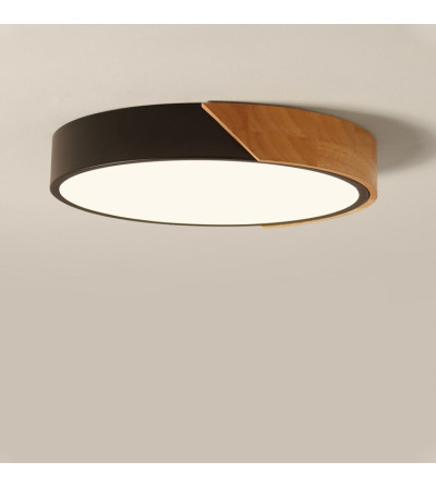 Olin 30cm – czarna lampa sufitowa LED z drewnem | Plafon ring | WOBAKO