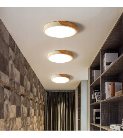 Olin 30cm – biała lampa sufitowa LED z drewnem | Plafon ring | WOBAKO