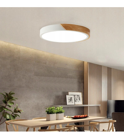 Olin 30cm – biała lampa sufitowa LED z drewnem | Plafon ring | WOBAKO
