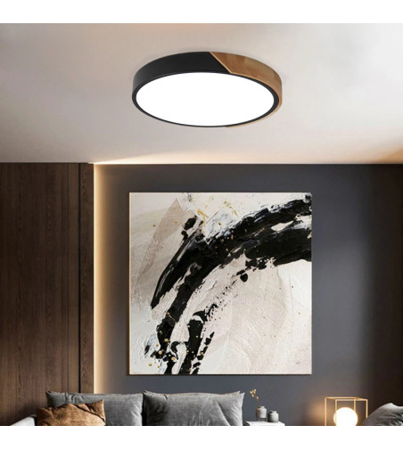 Czarna lampa sufitowa Olin 40cm LED | Plafon ring drewno | Loft modern