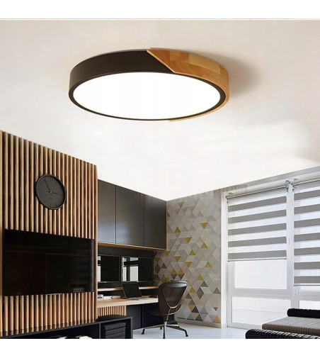 Czarna lampa sufitowa Olin 40cm LED | Plafon ring drewno | Loft modern