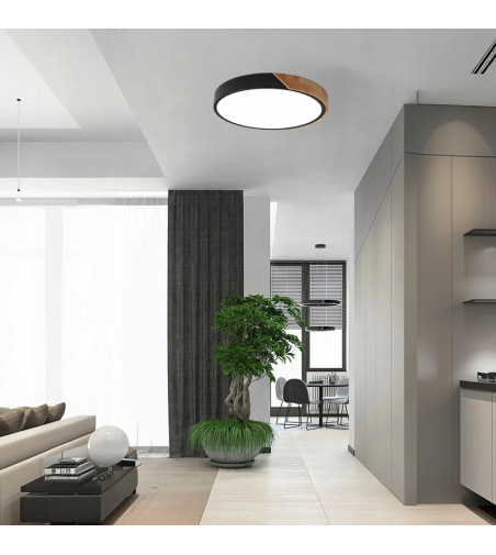 Czarna lampa sufitowa Olin 40cm LED | Plafon ring drewno | Loft modern