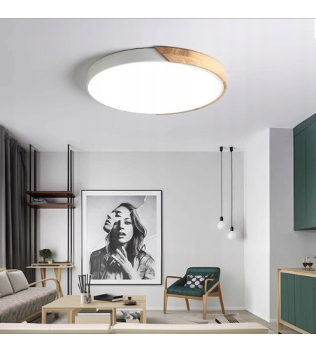 Plafon Olin 40cm biały LED z drewnem | Lampa sufitowa ring | Nowoczesny