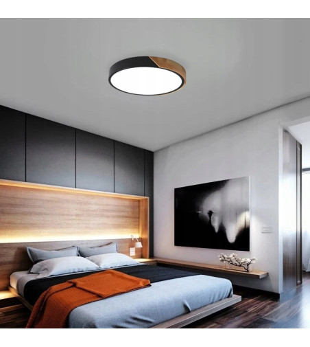 Czarna lampa sufitowa Olin 40cm LED | Plafon ring drewno | Loft modern