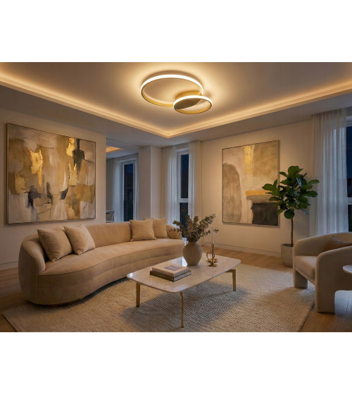 Nowoczesna mocna złota lampa sufit PLAFON Ring okręgi panel LED 25+35cm | Wobako