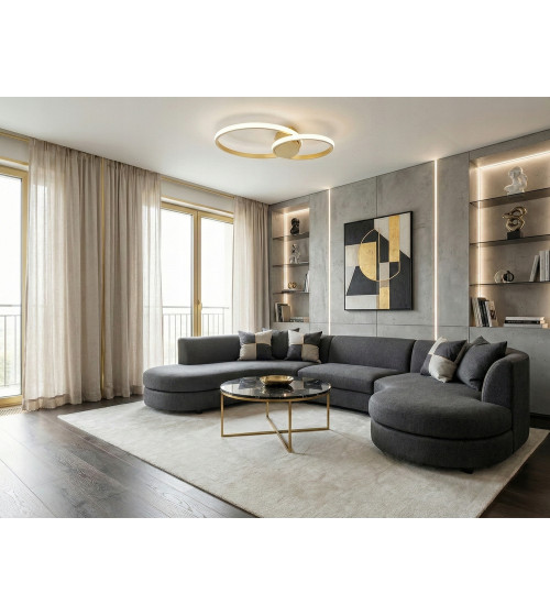 Nowoczesna mocna złota lampa sufit PLAFON Ring okręgi panel LED 25+35cm | Wobako