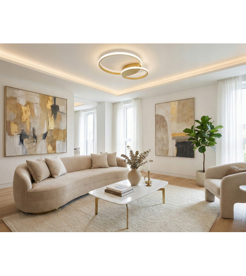 Nowoczesna mocna złota lampa sufit PLAFON Ring okręgi panel LED 25+35cm | Wobako