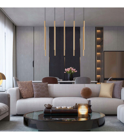 Lampa wisząca LED NANO Slim nad stół | Pionowe złote tuby do jadalni