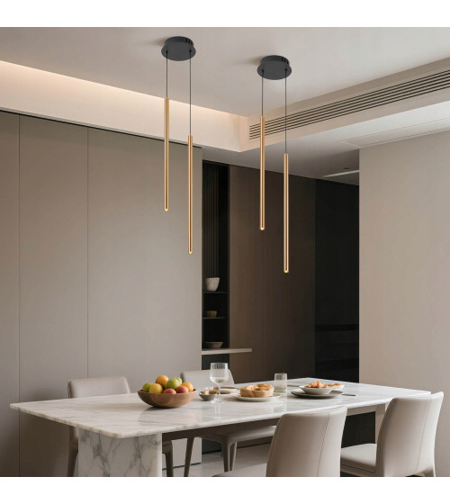 NANO SLIM 2 czarno‑złota lampa wisząca LED nad stół | Pionowe tuby do sypialni