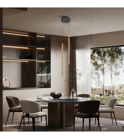 NANO SLIM 2 czarno‑złota lampa wisząca LED nad stół | Pionowe tuby do sypialni