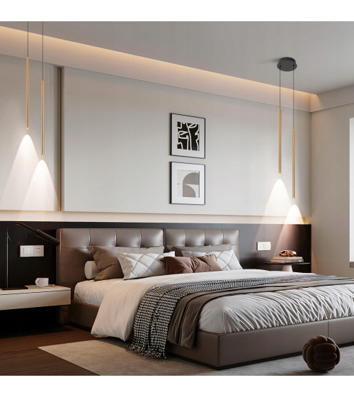 NANO SLIM 2 czarno‑złota lampa wisząca LED nad stół | Pionowe tuby do sypialni