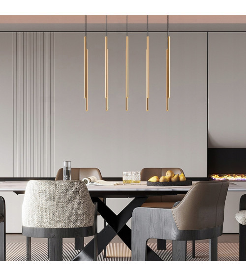 Lampa wisząca LED NANO Slim nad stół | Pionowe złote tuby do jadalni