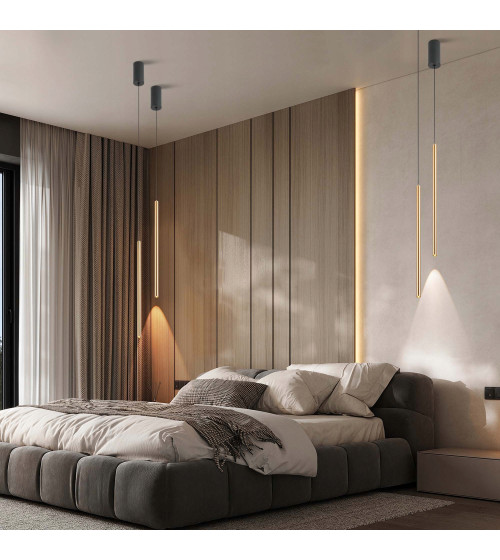 NANO SLIM 1 czarno‑złota lampa wisząca LED nad stół | Pionowa tuba do jadalni