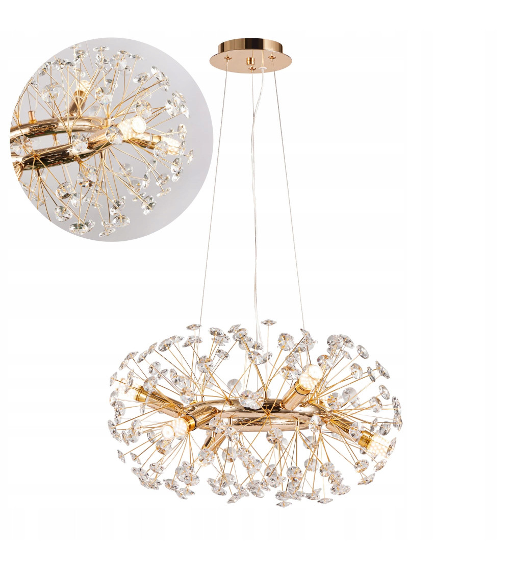 Mona R50 złota lampa kryształowa wisząca | Glamour żyrandol E14 nad stół do jadalni