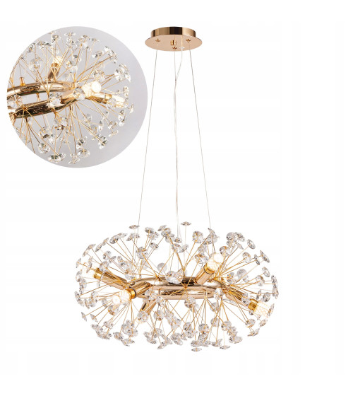 Mona R50 złota lampa kryształowa wisząca | Glamour żyrandol E14 nad stół do jadalni