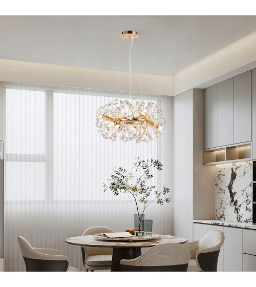 Mona R50 złota lampa kryształowa wisząca | Glamour żyrandol E14 nad stół do jadalni