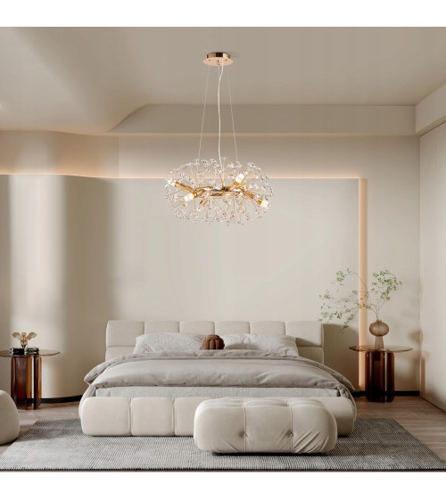 Mona R50 złota lampa kryształowa wisząca | Glamour żyrandol E14 nad stół do jadalni