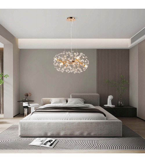 Mona R50 złota lampa kryształowa wisząca | Glamour żyrandol E14 nad stół do jadalni