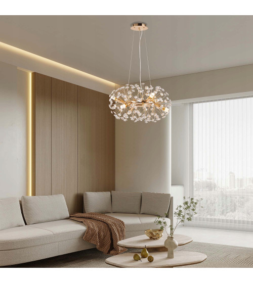 Mona R50 złota lampa kryształowa wisząca | Glamour żyrandol E14 nad stół do jadalni