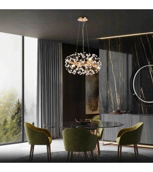 Mona R50 złota lampa kryształowa wisząca | Glamour żyrandol E14 nad stół do jadalni