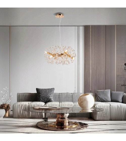 Mona R50 złota lampa kryształowa wisząca | Glamour żyrandol E14 nad stół do jadalni