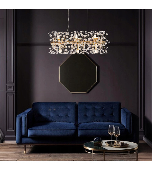 MONA L70 podłużna złota lampa kryształowa wisząca E14 | Glamour żyrandol 70 cm nad stół do jadalni