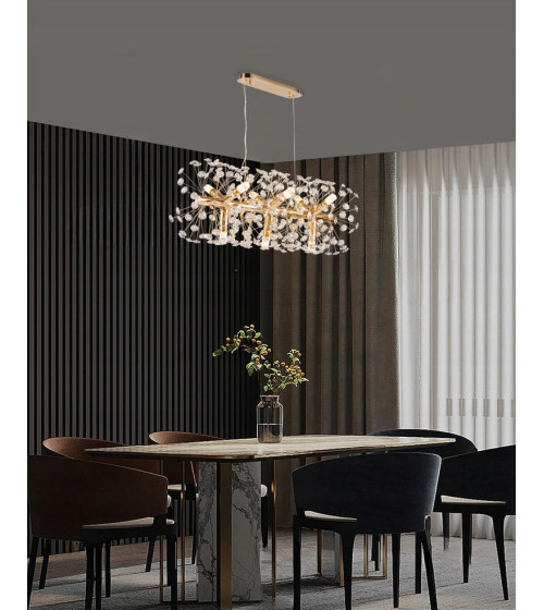 MONA L70 podłużna złota lampa kryształowa wisząca E14 | Glamour żyrandol 70 cm nad stół do jadalni