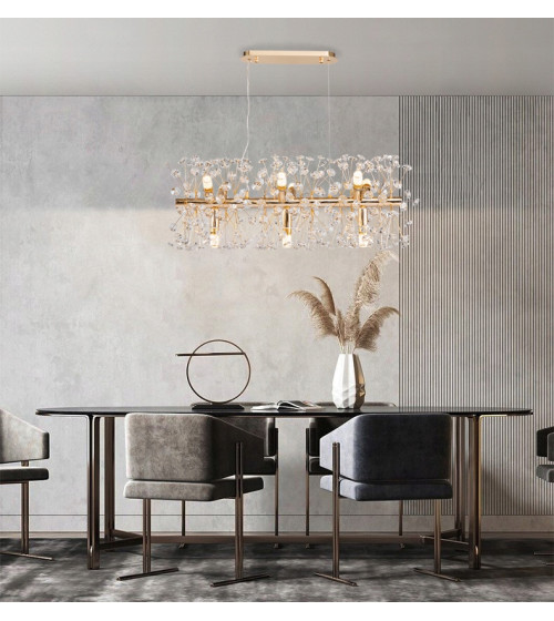 MONA L70 podłużna złota lampa kryształowa wisząca E14 | Glamour żyrandol 70 cm nad stół do jadalni