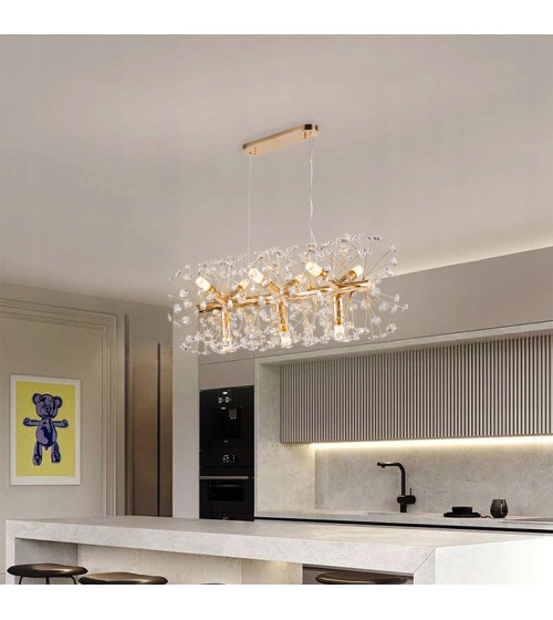 MONA L70 podłużna złota lampa kryształowa wisząca E14 | Glamour żyrandol 70 cm nad stół do jadalni