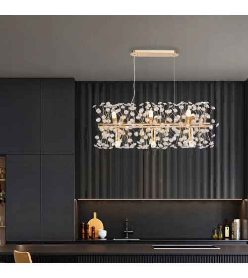 MONA L70 podłużna złota lampa kryształowa wisząca E14 | Glamour żyrandol 70 cm nad stół do jadalni