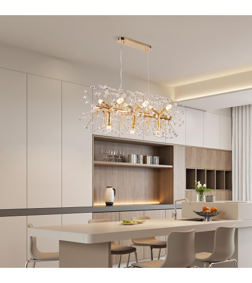 MONA L70 podłużna złota lampa kryształowa wisząca E14 | Glamour żyrandol 70 cm nad stół do jadalni