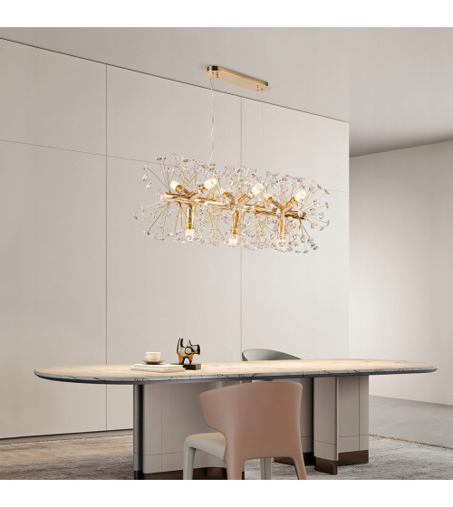 MONA L70 podłużna złota lampa kryształowa wisząca E14 | Glamour żyrandol 70 cm nad stół do jadalni