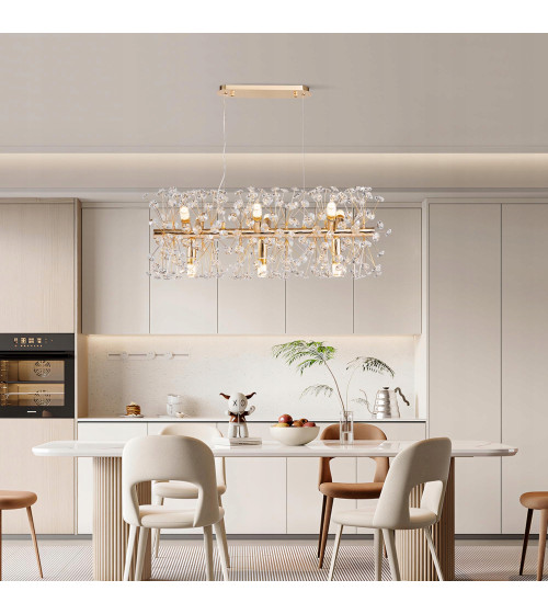 MONA L70 podłużna złota lampa kryształowa wisząca E14 | Glamour żyrandol 70 cm nad stół do jadalni