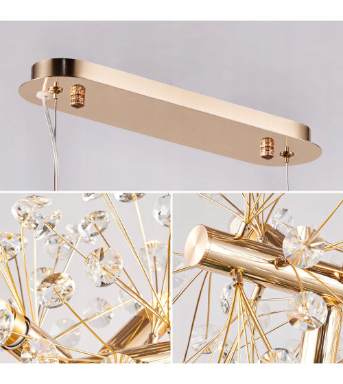 MONA L70 podłużna złota lampa kryształowa wisząca E14 | Glamour żyrandol 70 cm nad stół do jadalni