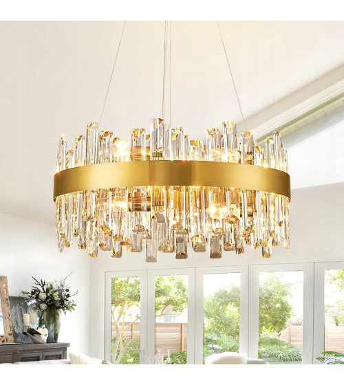 Lampa wisząca ring nad stół 50cm LED Kryształ GLAMUR Żyrandol złoty kuchnia