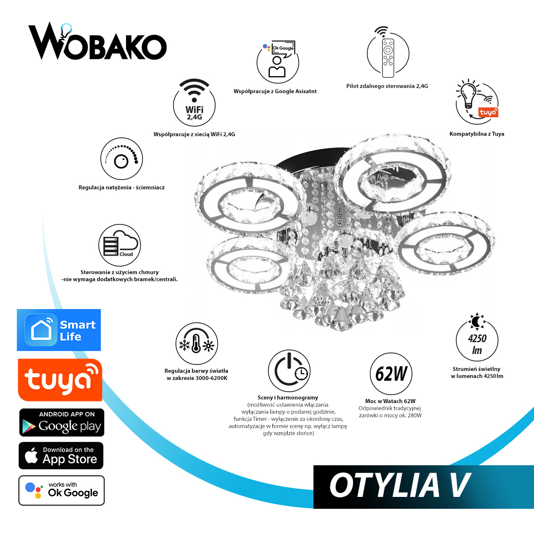 Wobako Otylia V - lampa Inteligentana Smart Wifi  - plafon glamour.