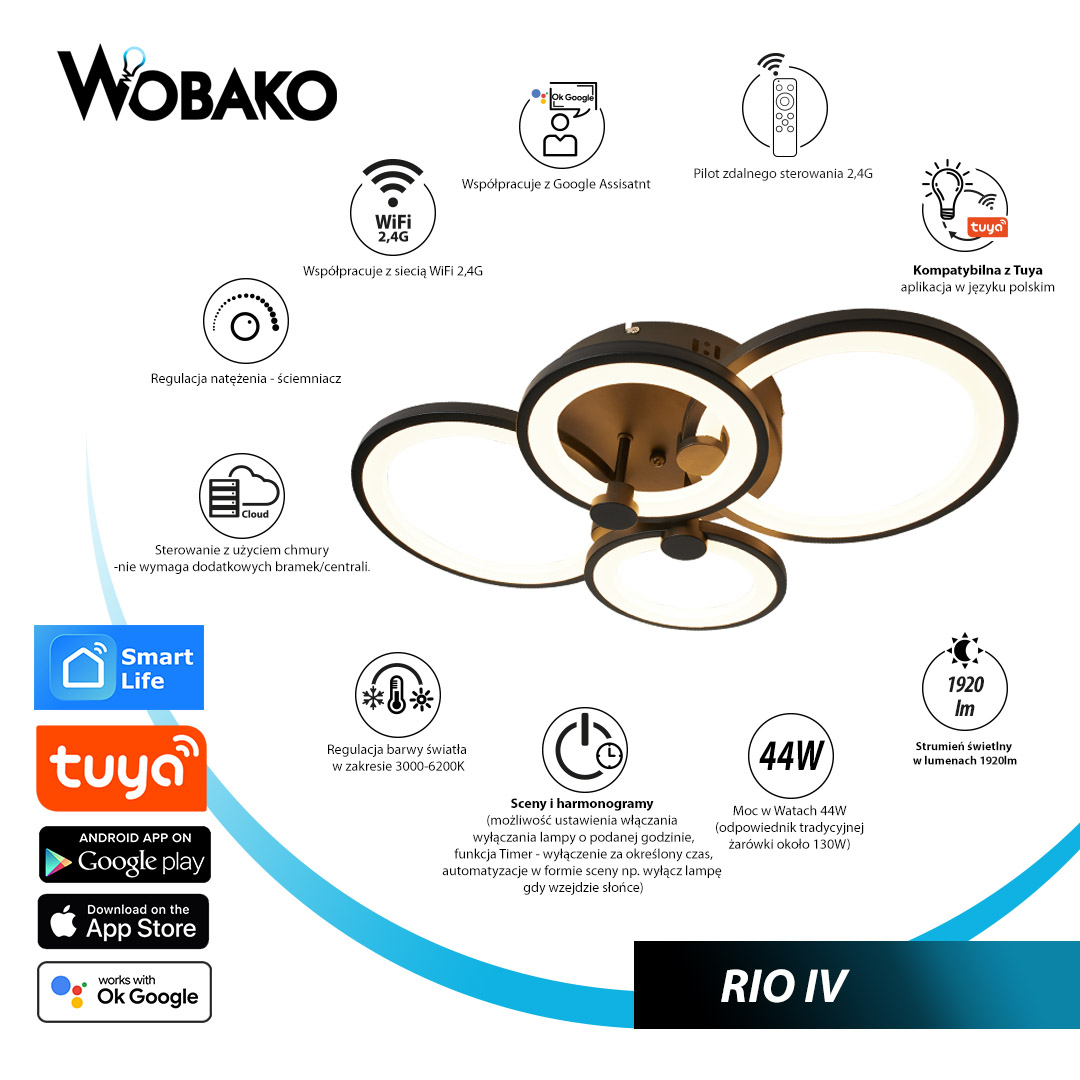 Plafon ze ściemniaczem - lampa sufitowa z pilotem i aplikacją Tuya Smart Home Rio IV Wobako