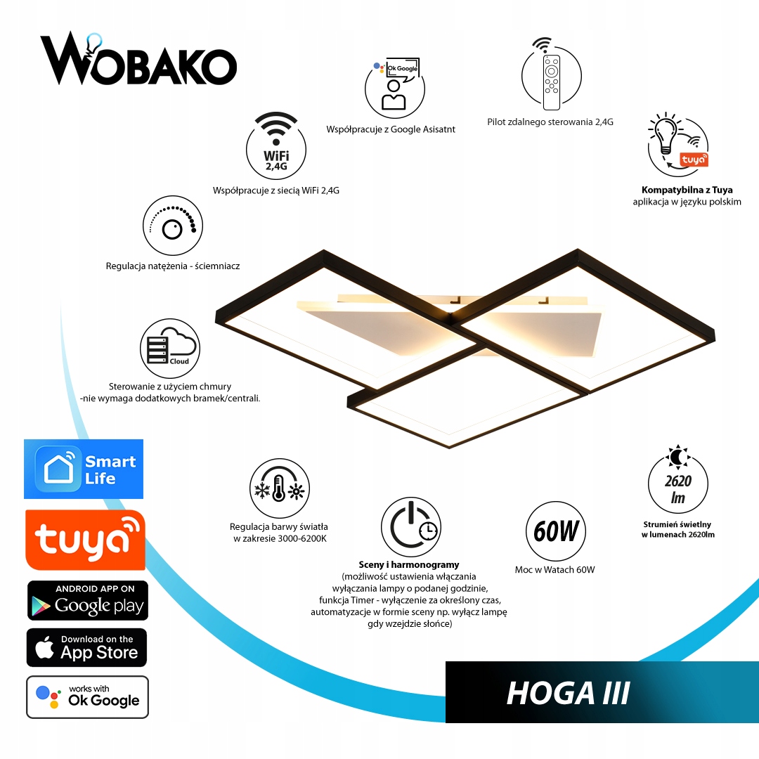Parametry inteligentnej lampy sufitowej Smart Home Hoga III Wobako