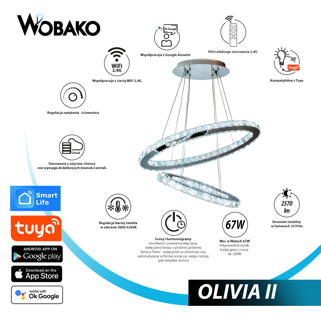 Inteigentna lampa wiszaca Smart Home glampour - Olivia II Wobako - ściemniacz i zmiana barwy światła