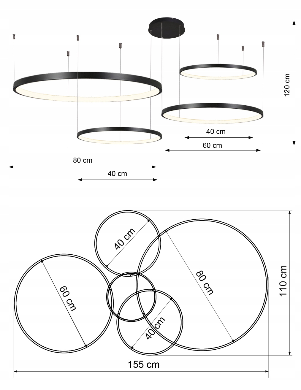 Lampa wisząca czarne okręgi na linkach - żyrandol LED Wobako Silva EX V - wymiary.