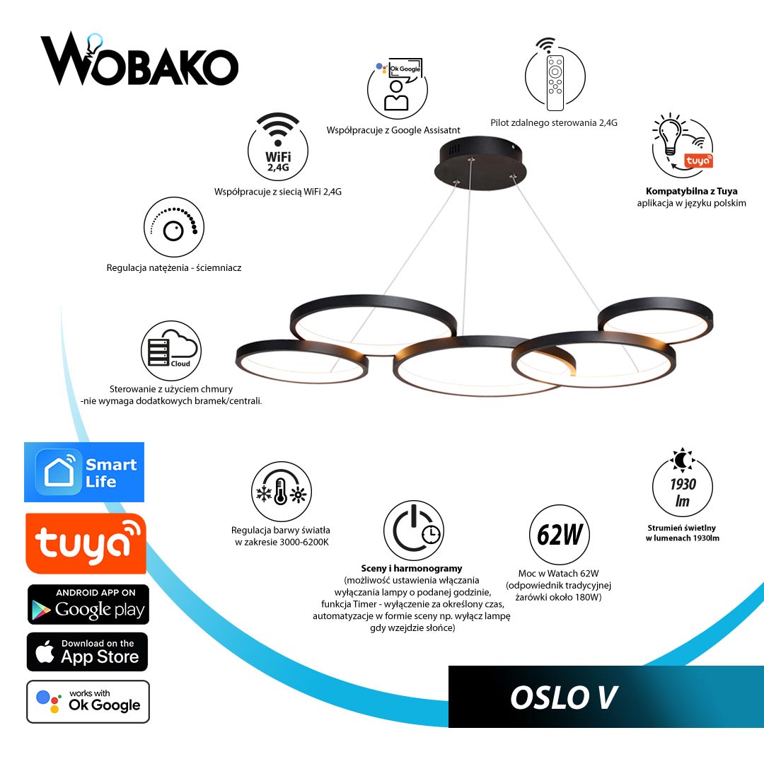Lampa wiszaca LED sterowanie aplikacją Oslo V Wobako